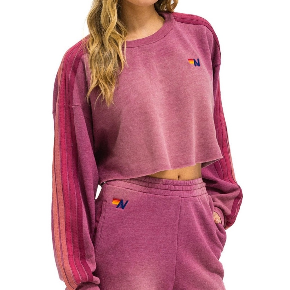 Aviator Nation NWT CLASSIC STRIPE CROPPED CREW SWEATSHIRT RELAXED FADED BERRY, M